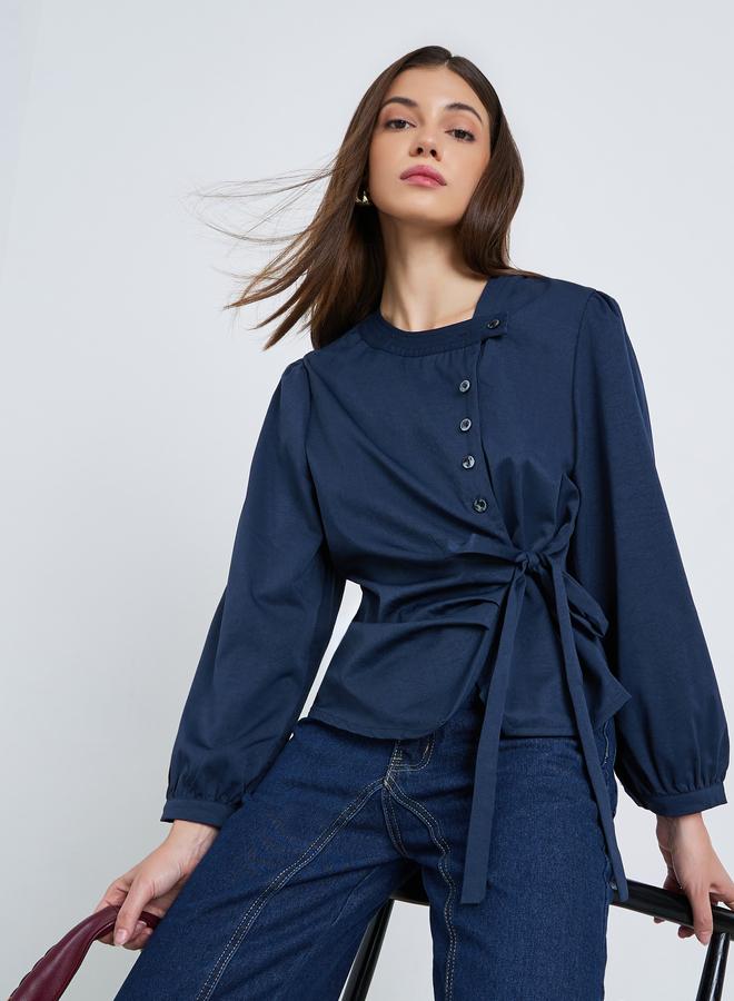 Styli Women Navy Blue Balloon Sleeve Wrap Top - Image 5